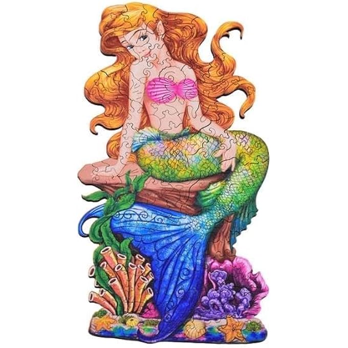 WOODEN JIGSAW PUZZLES, 3D WOODEN ANIMALS SHAPED PUZZLES, BEST GIFT FOR ADULTS AND KIDS DIY PUZZLE PIECE, COLORFUL UNIQUE SHAPED MERMAID PUZZLES A5-5.8 X 8.2 IN - Image 4